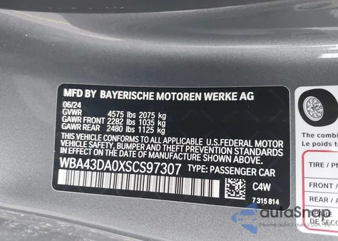 2025 BMW 4 Series 430I from USA, damaged, VIN WBA43DA0XSCS97307